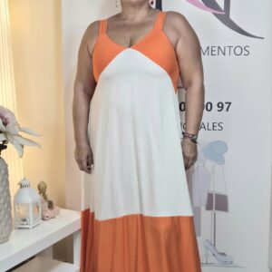 vestido bicolor naranja y marfil