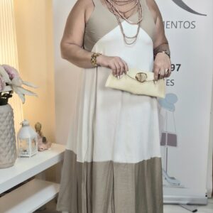 vestido bicolor taupe y marfil