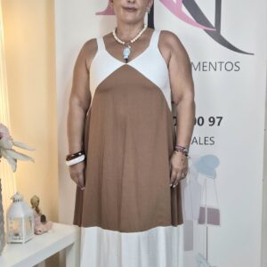 vestido bicolor blanco y camel