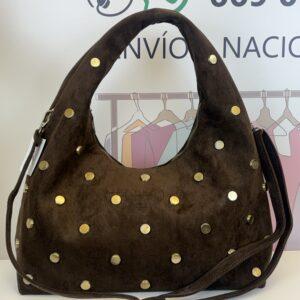bolso hobo ante marrón chocolate tachas doradas