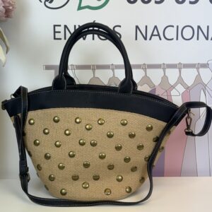 bolso tote mediano yute natural y negro con tachas doradas
